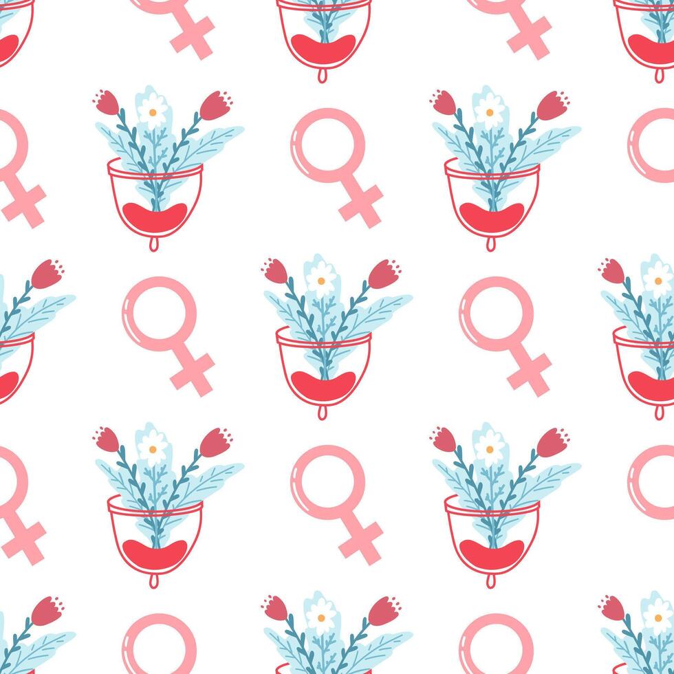 Hand drawn pattern with menstrual cup, flowers and female sign in pink and red colors. Female period wallpaper vector