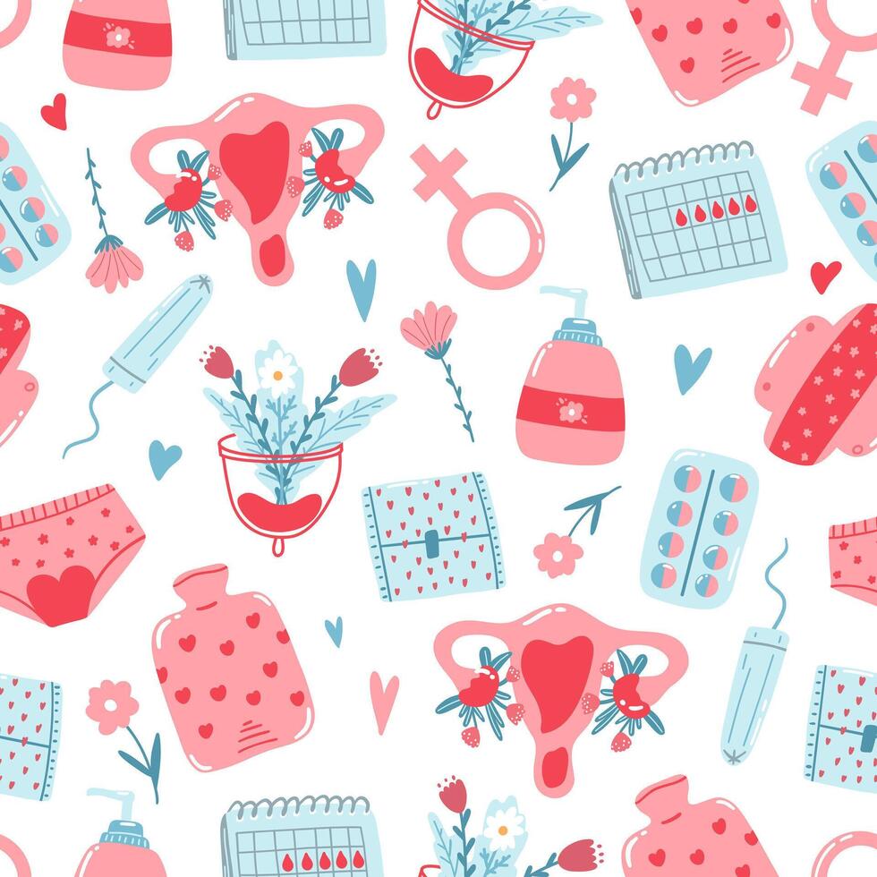 Hand drawn seamless pattern with menstrual period items as underwear, pads, tampons, blood drops. Colorful wallpaper in cartoon style. vector