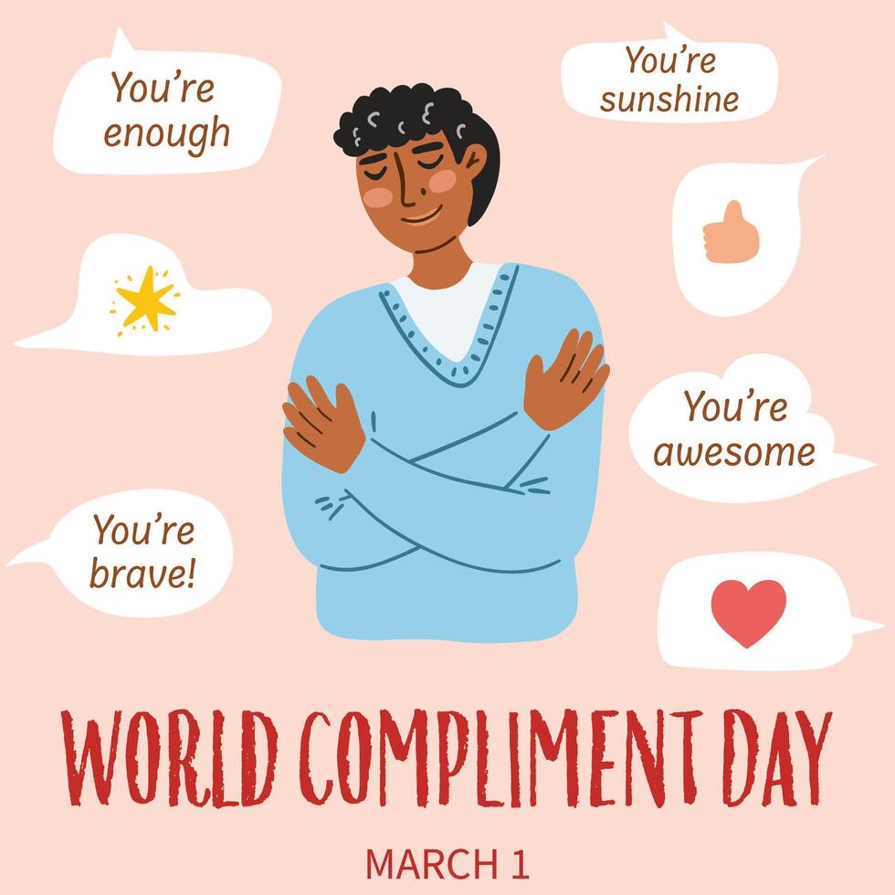 Concept of World Compliment Day. Hand drawn illustration of man hugging himself vector