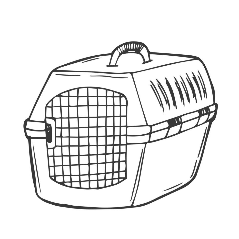 Pet carrier vector icon. Container for carrying animals cat, dog. Box for travel, going to the vet, transportation. Simple isolated illustration. Sketch, doodle.