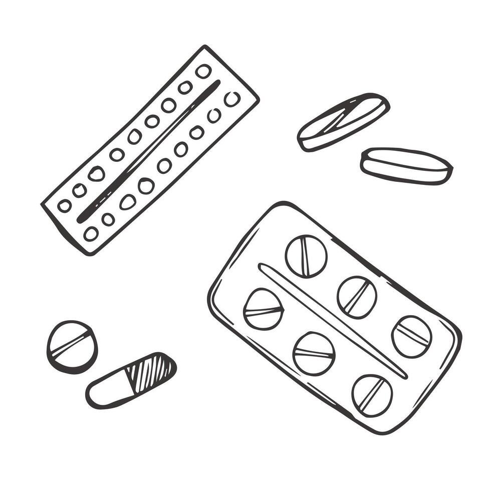 mano dibujado medicina pastillas, tableta, cápsula y paquete botella aislado en blanco antecedentes. pastillas dibujos animados bosquejo vector