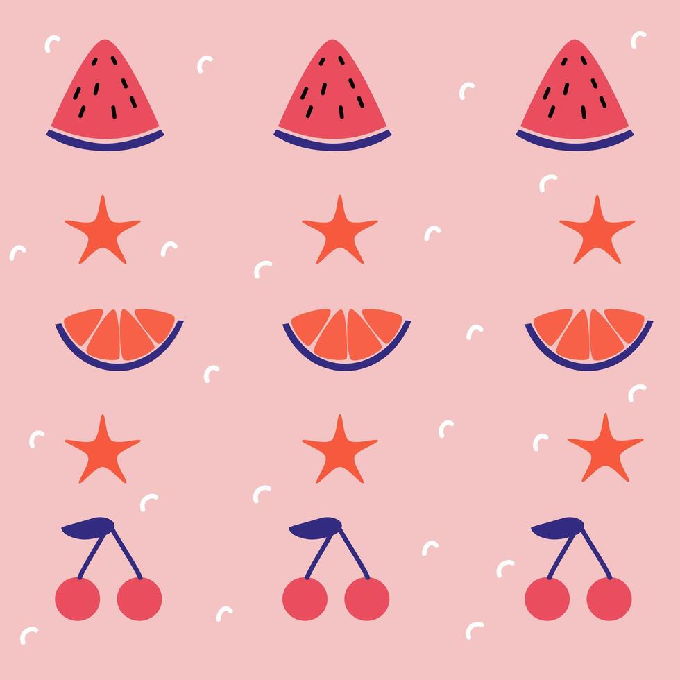 Seamless childish summer pattern illustration of watermelon, orange, cherry suitable for children's clothing, bed sheets and home decorations, notebook covers, stationery, prints vector