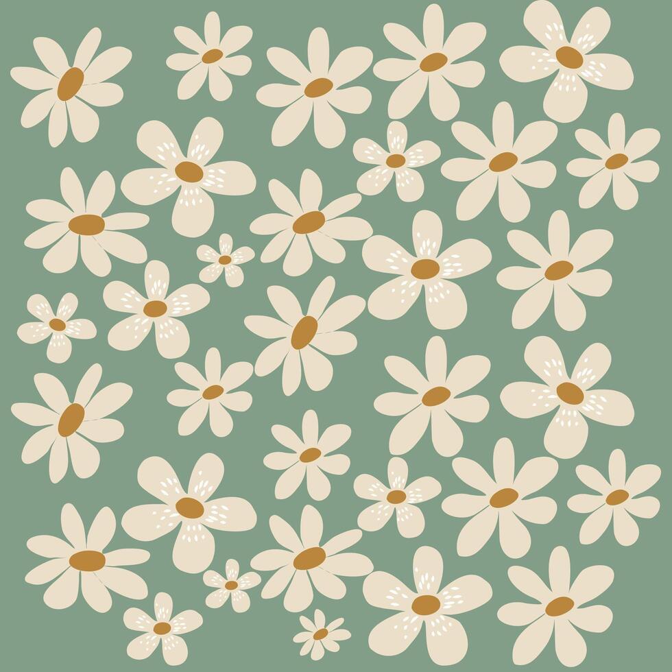Seamless pattern with trendy hand drawn chamomile flowers on soft green boho background suitable for fabric, bag, wrapping paper, surface design, children clothing, nursery product design vector