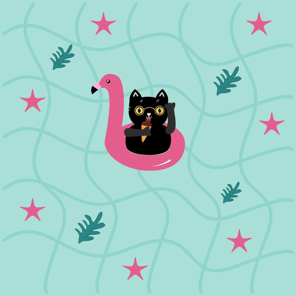 summer illustration of a black cat eating ice cream on a flamingo pool float suitable for Wallpaper, Fabric, Textile Design, Bed Sheet, Sofa Pillow Pattern, Stationery, Wrapping paper, bag, tote bag vector