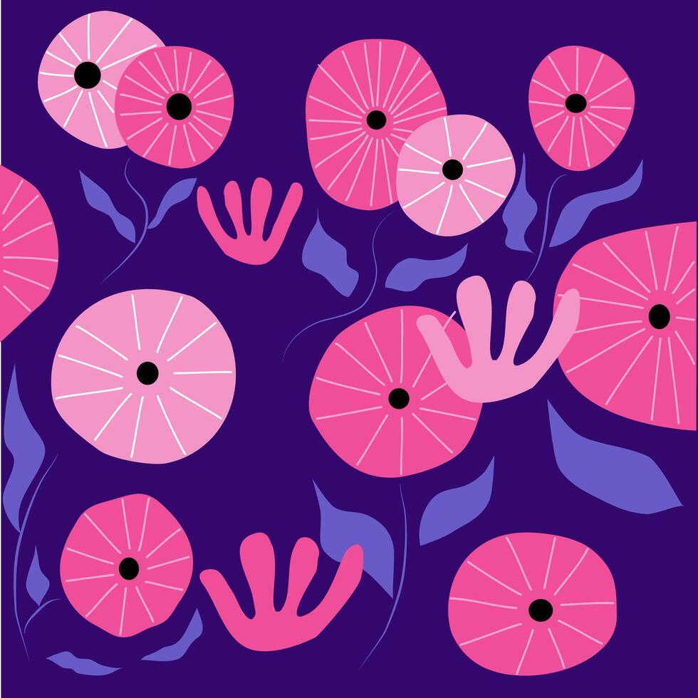 mano dibujado moderno plano resumen rosado flores en púrpura antecedentes adecuado para tela, textil diseño, cama hoja, sofá almohada patrón, papelería, envase papel vector