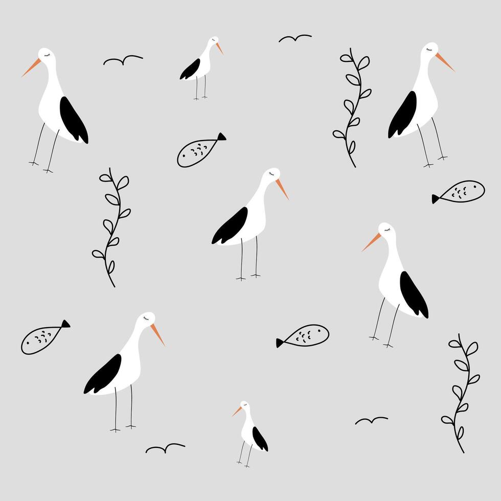 Seamless Pattern Stork, fish and plant in bohemian style, childish pattern suitable for any purpose children product design vector