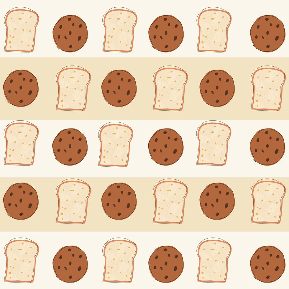 Seamless pattern with trendy hand drawn bread and cookies on boho color background suitable for fabric, bag, wrapping paper, surface design, children clothing, nursery product design vector