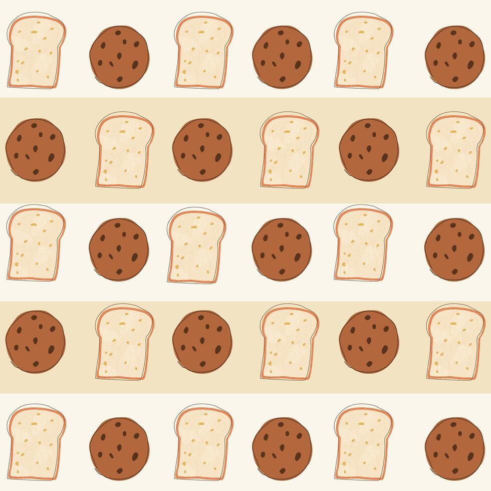 Seamless pattern with trendy hand drawn bread and cookies on boho color background suitable for fabric, bag, wrapping paper, surface design, children clothing, nursery product design vector