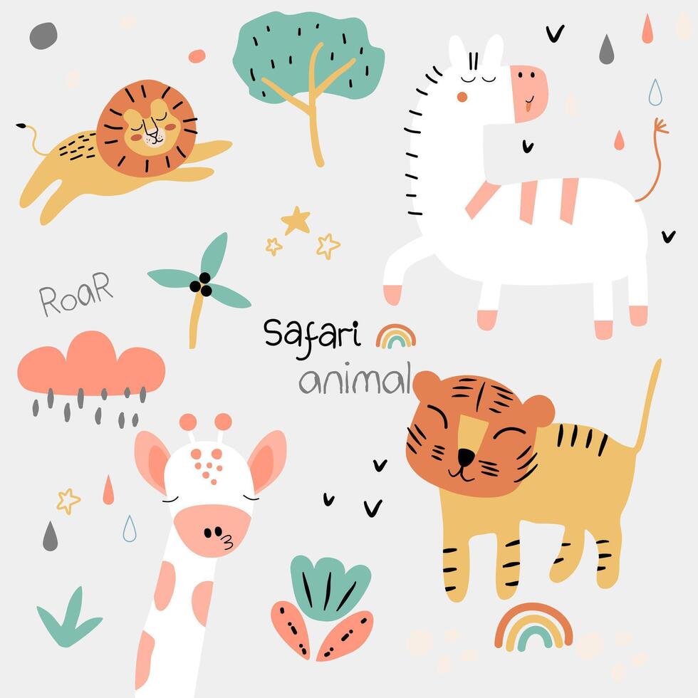 Hand drawn childish safari animal set in boho style, nursery pattern with boho rainbow, cute zebra, lion, tiger, giraffe, tree, cloud suitable for children product design vector