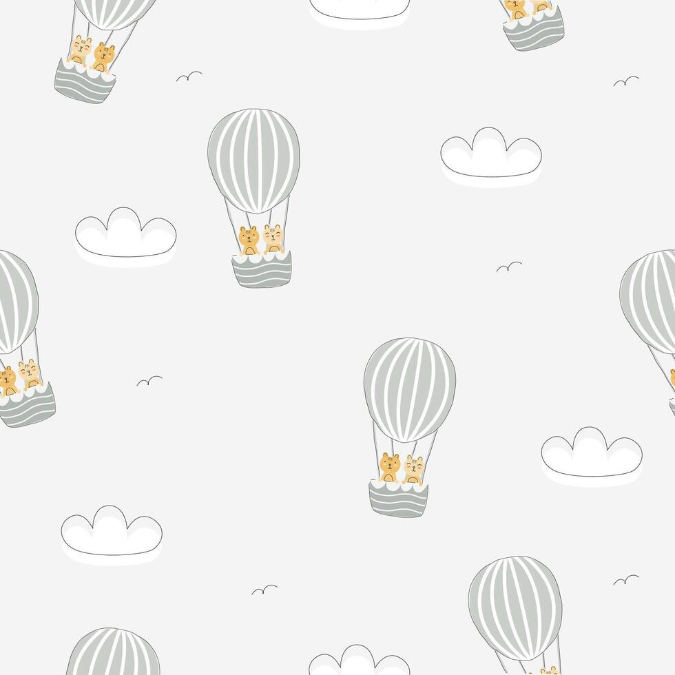 Seamless Childish Pattern in boho Style, nursery pattern with cute little rabbits riding hot air balloon, cloud illustration suitable for children product design vector