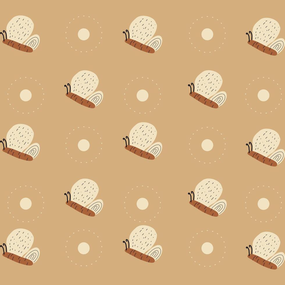 Seamless pattern with trendy hand drawn butterfly and circle on soft beige boho background suitable for fabric, bag, wrapping paper, surface design, children clothing, nursery product design vector