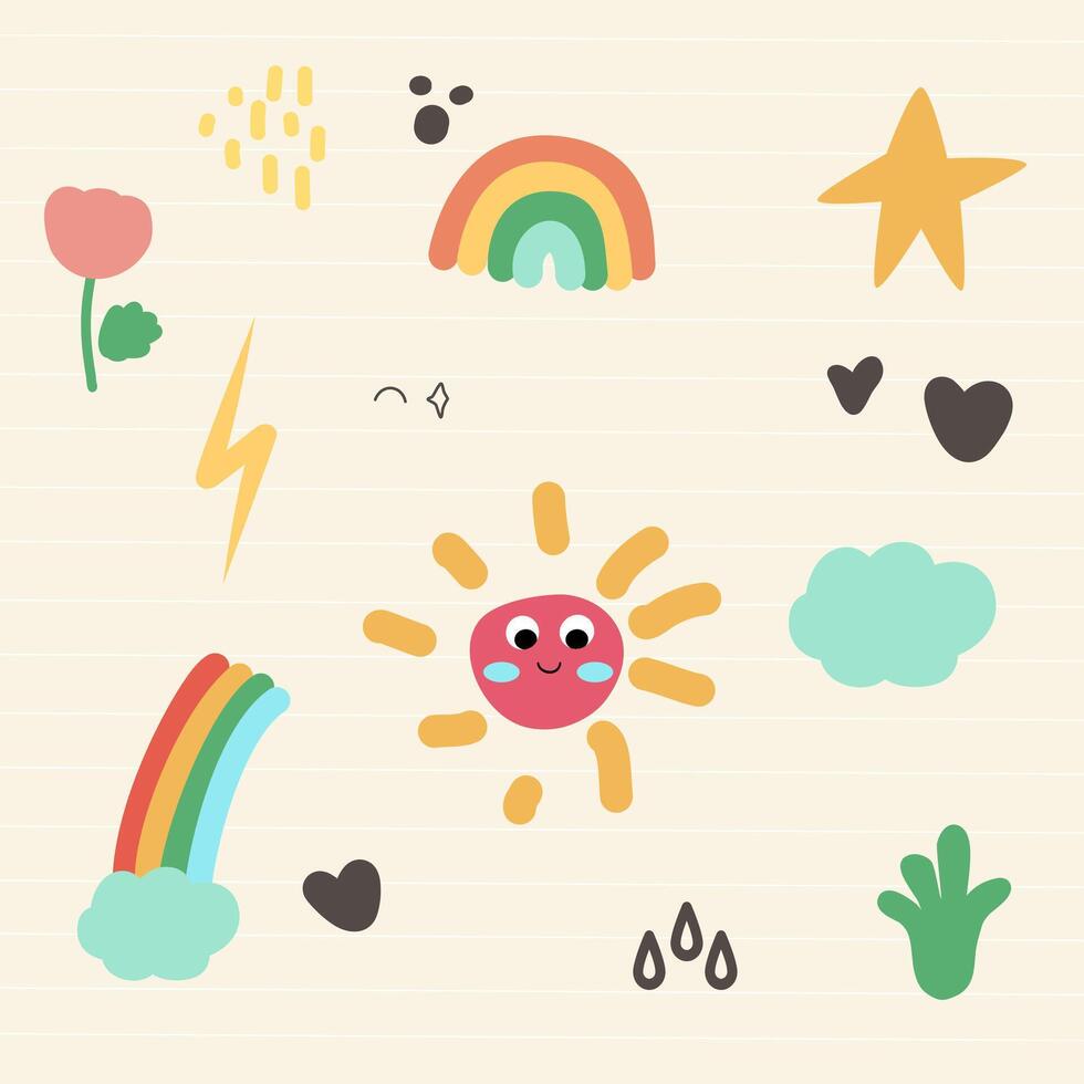 Childish seamless pattern of cute weather include sun, rainbow, star, cloud, flower suitable for children's clothing, bed sheets and home decorations, stationery, greeting cards and gift wrap vector