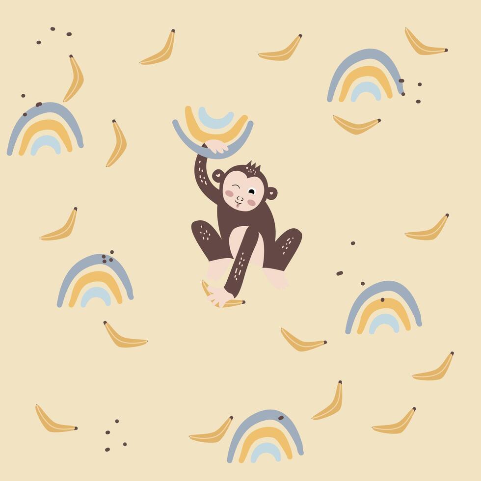 Childish Seamless Pattern With Cute Monkey, Banana And Boho Rainbow Creative Texture For Fabric And Textile Stock Illustration vector