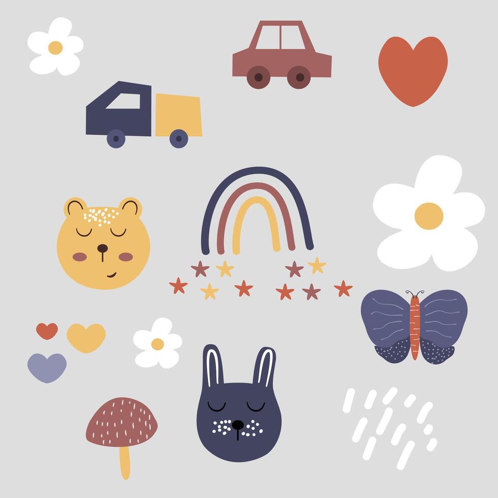 Hand drawn childish set in boho style, nursery pattern with boho rainbow, cars, bunny, bear, love, star, mushroom, flowers, butterfly suitable for children product design vector