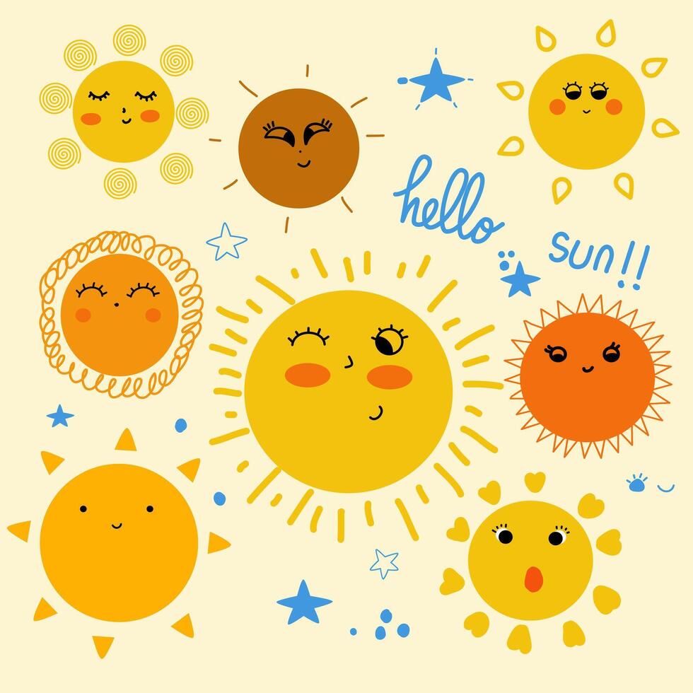 childish cute summer sun pattern illustration suitable for children's clothing, bed sheets and home decorations, notebook covers, stationery, prints, greeting cards and gift wrap vector