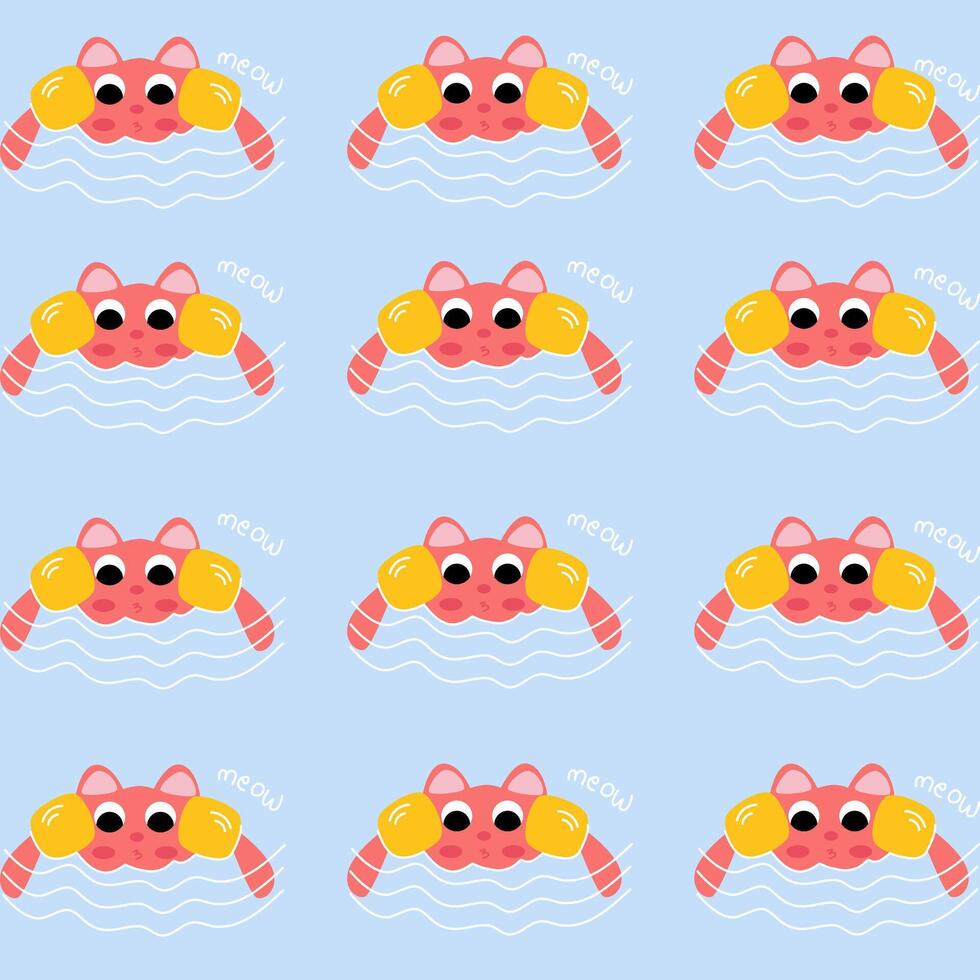 seamless pattern summer illustration of a cute pink cat swim with hand float suitable for Wallpaper, Fabric, Textile Design, Bed Sheet, Sofa Pillow Pattern, Stationery, Wrapping paper, bag, tote bag vector