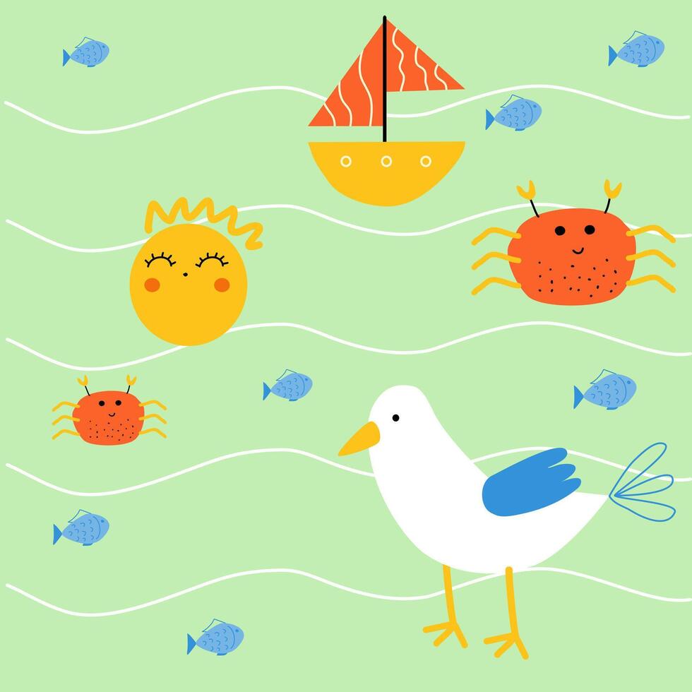 childish summer pattern illustration of sun, bird, boat, crab, fish suitable for children's clothing, bed sheets and home decorations, notebook covers, stationery, prints, greeting cards and gift wrap vector