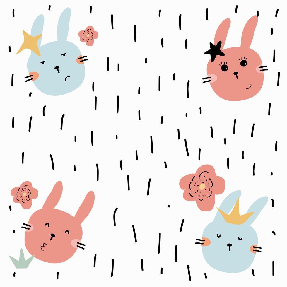 Hand drawn cute rabbit head, surface design and funny nursery illustration suitable for children product design vector