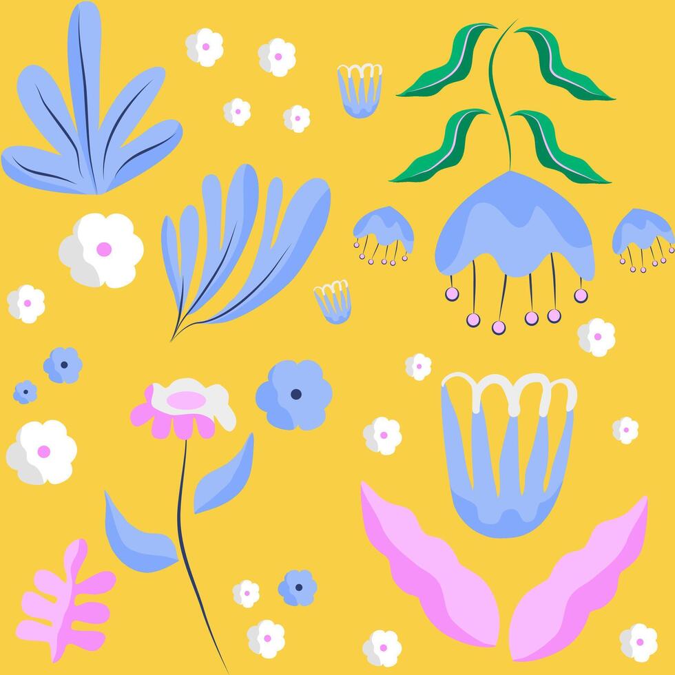 Hand Drawn Modern Abstract Flower on Yellow Background suitable for Wallpaper, Fabric, Textile Design, Bed Sheet, Sofa Pillow Pattern, Stationery, Wrapping paper, bag, tote bag, wall decor prints vector