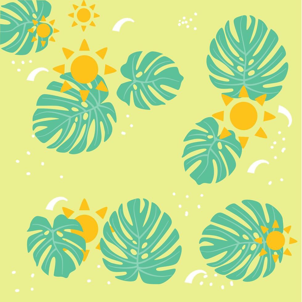 Summer Pattern Hand Drawn Monstera Leaves and Sun illustration suitable for Wallpaper, Fabric, Textile Design, Bed Sheet, Sofa Pillow Pattern, Stationery, Wrapping paper, bag, tote bag, wall decor vector