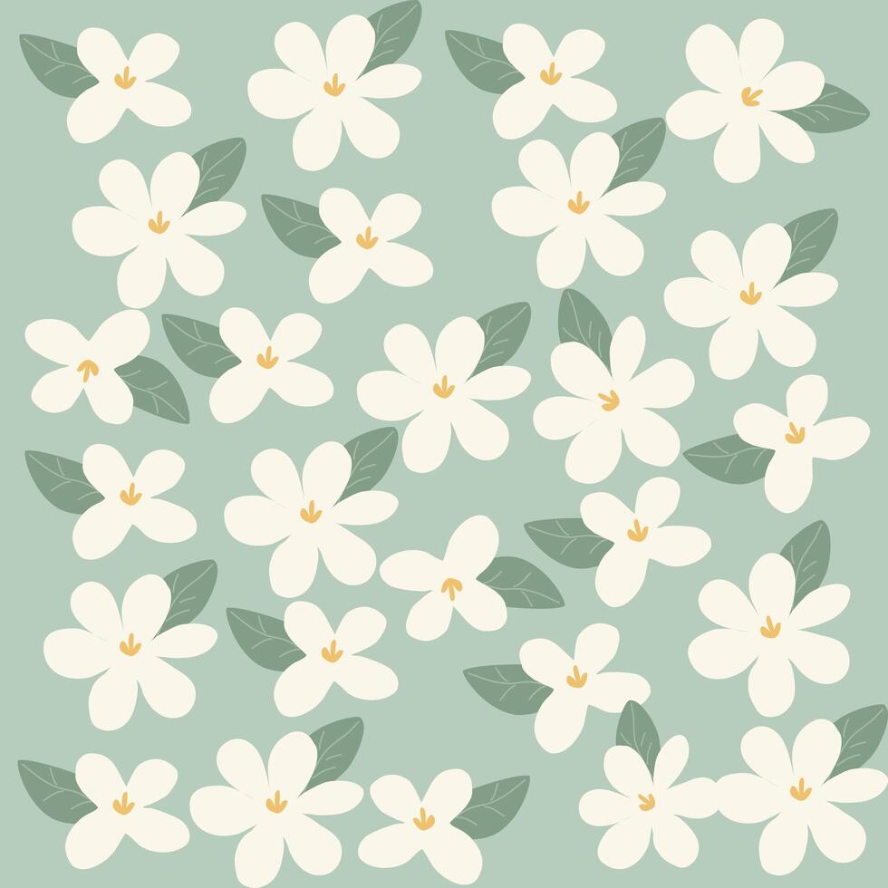 Seamless pattern with hand drawn white flowers and leaves on soft boho green background suitable for fabric, bag, wrapping paper, surface design, children clothing, nursery product design vector