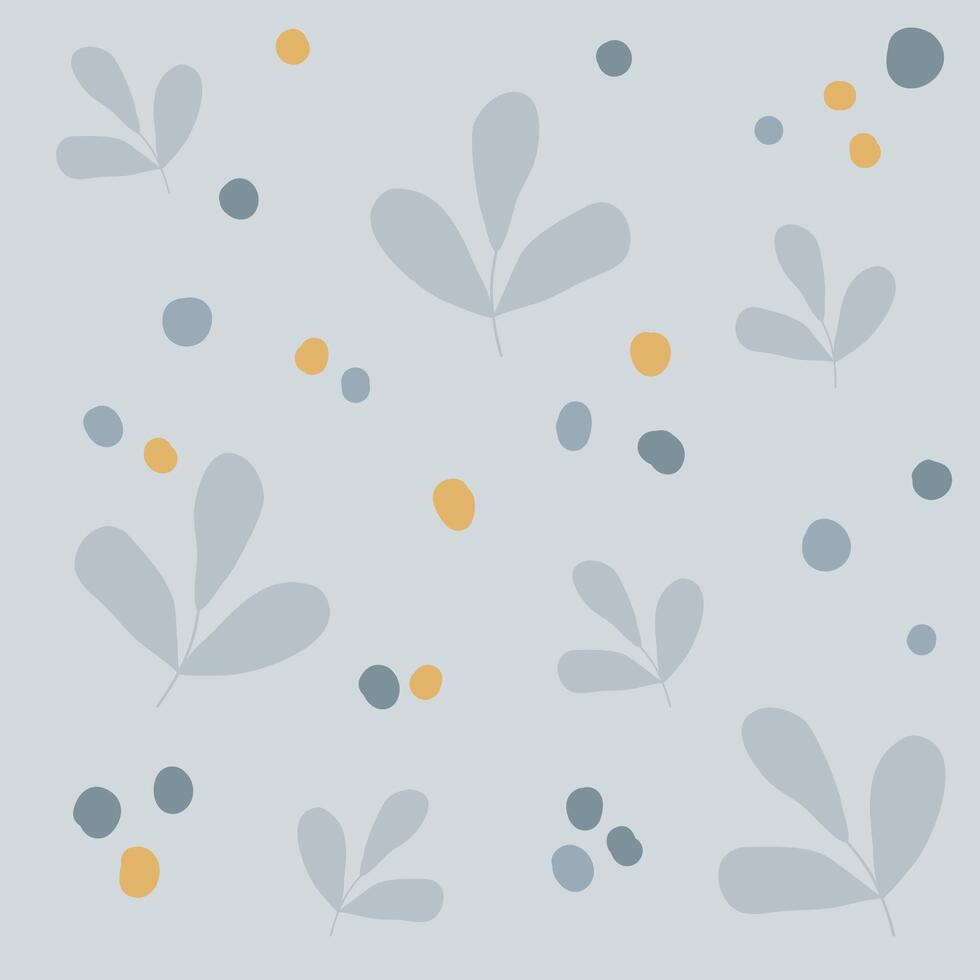 Seamless pattern with trendy hand drawn abstract leaves and circle doodle on soft gray boho background suitable for fabric, bag, wrapping paper, surface design, children clothing vector