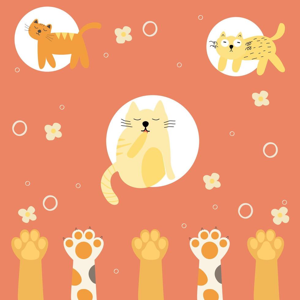 Illustration of childish hand drawn cute cat, cat foot and abstract shape for Wallpaper, Fabric, Textile Design, Bed Sheet, Sofa Pillow Pattern, Stationery, Wrapping paper, bag, tote bag vector