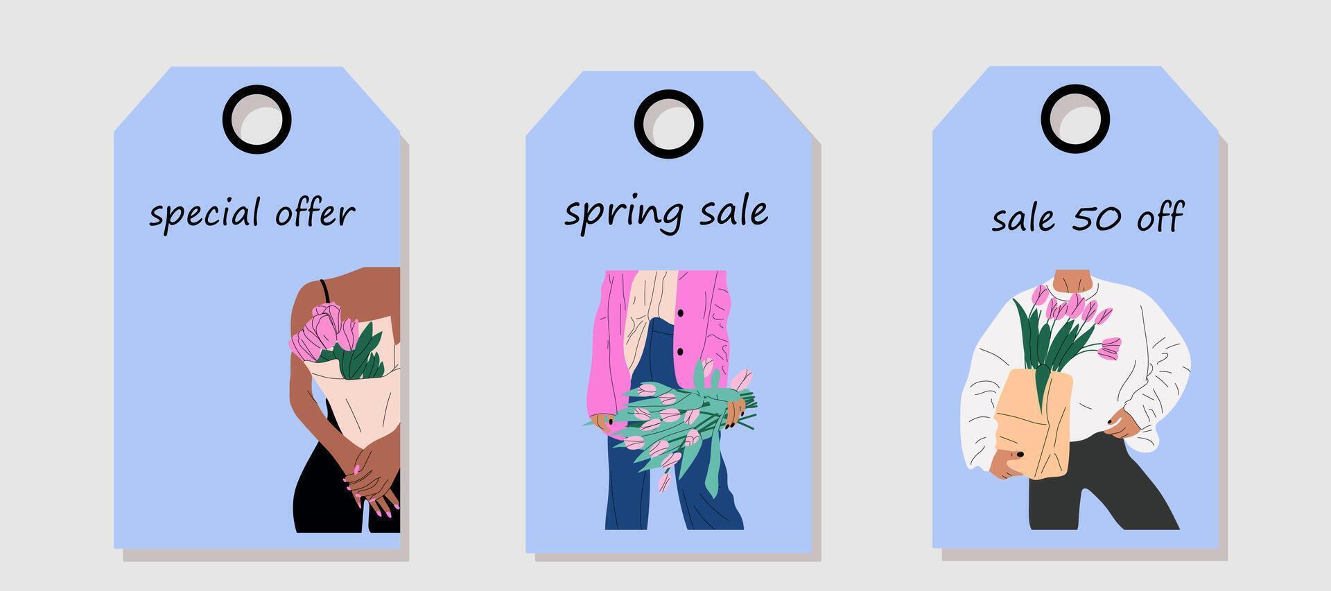 Vector set of discount price tags. Labels with  Nude woman with flowers growing from chest. Spring sale.