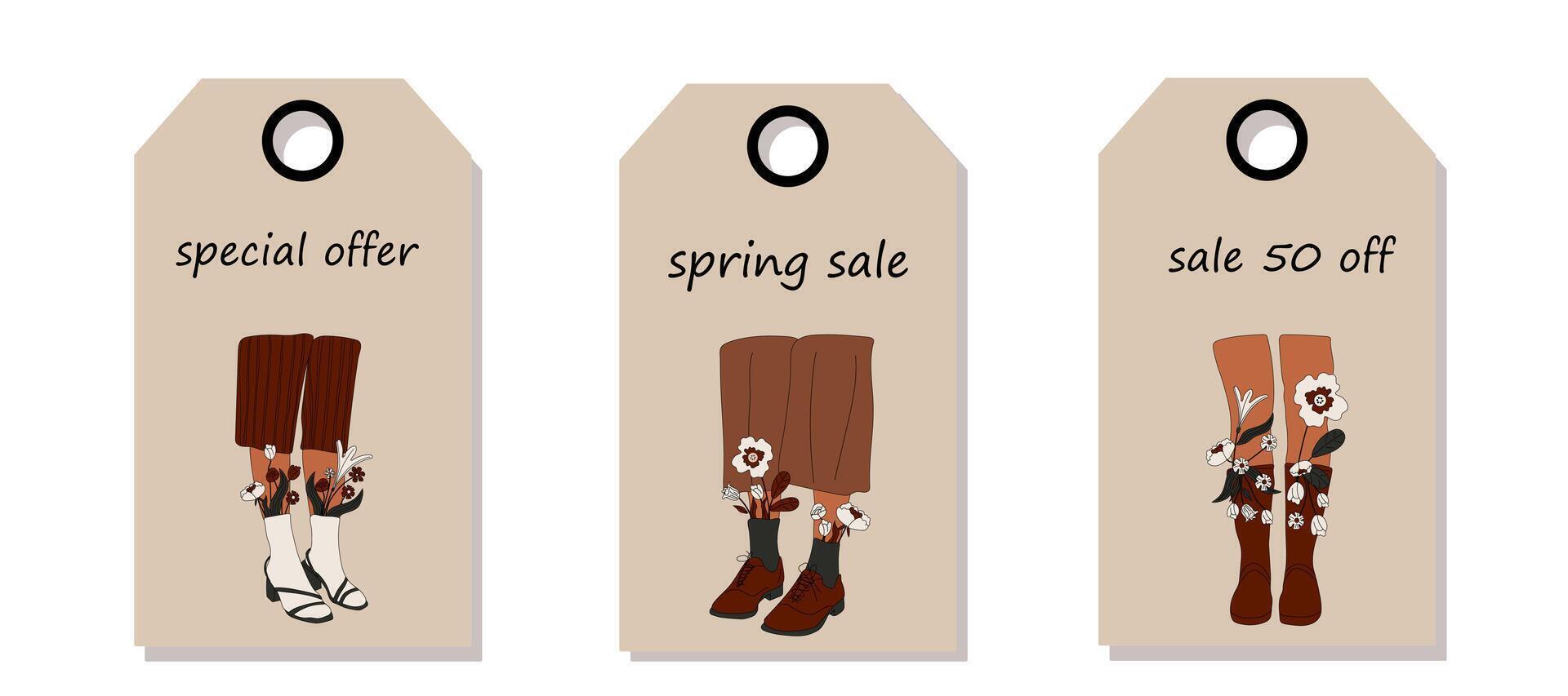vector conjunto de descuento precio etiquetas etiquetas con hembra piernas en botas. frio calzado con flores primavera venta.
