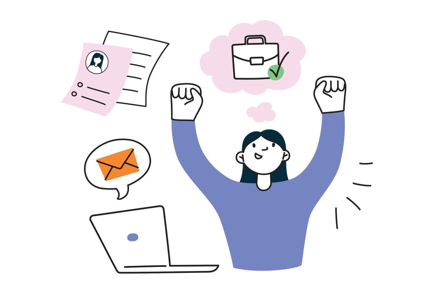 Happy woman getting job, winner composition, successful flat character, vector illustration of business employee, work promotion and career achievement concept, mail with good news,