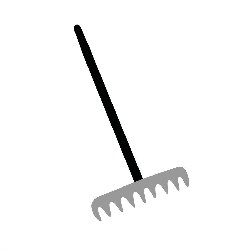 Garden rake icon, doodle farm equipment, vector illustration of gardening instrument, farm tools for raking leaves and soil, isolated colored clipart on white background