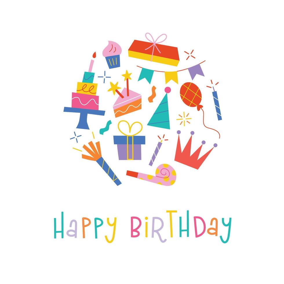 Birthday card with cake, candle, whistle. Template for greeting card, happy birthday lettering, vector arrangement with confetti, gift boxes, childish poster, cute postcard design for party