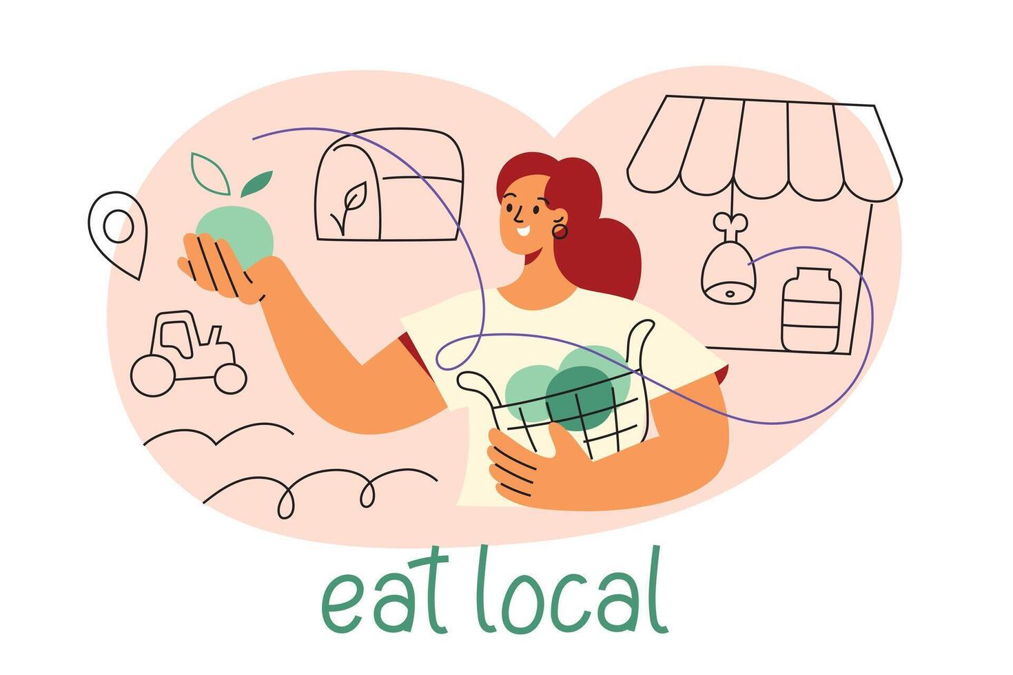 Eat local food poster, vector illustration of woman in farm market, flat character buying vegetables, icons of local production, sustainable lifestyle composition, eco friendly seasonal products