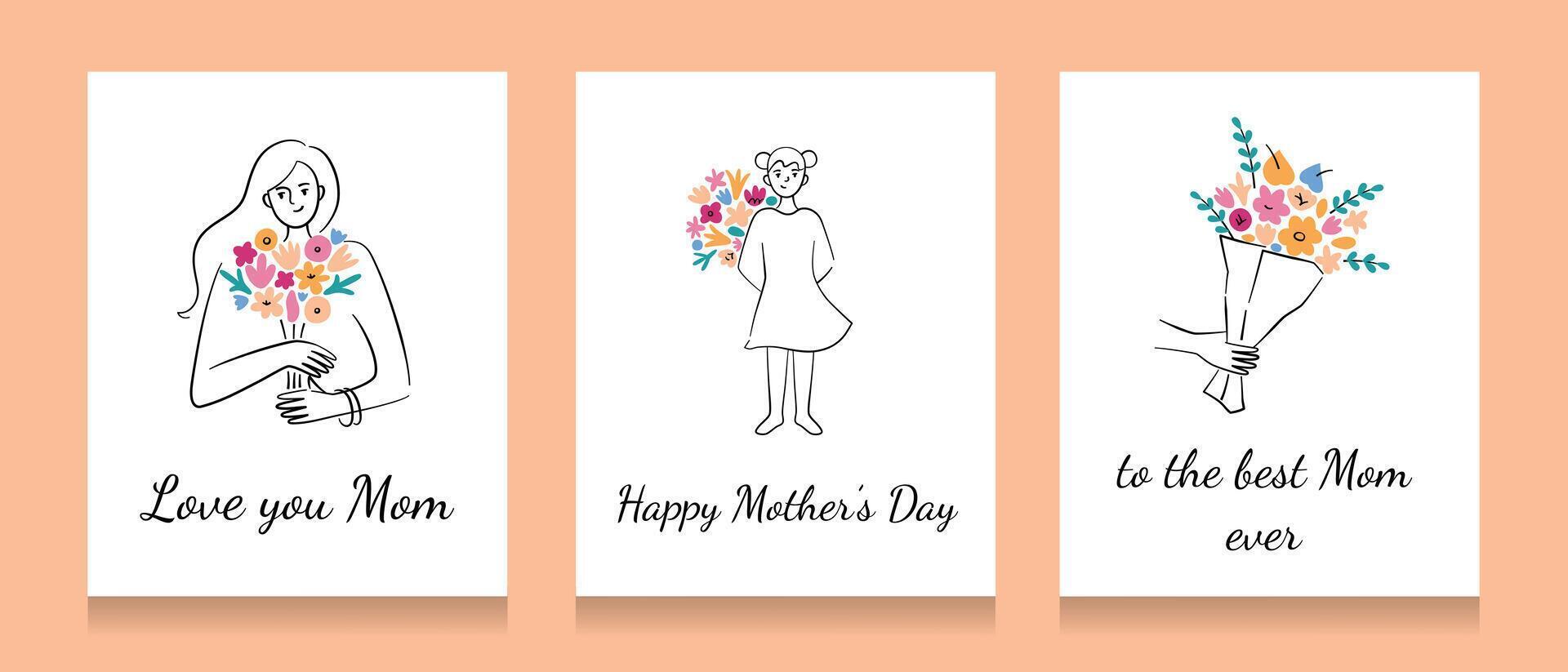 Floral greeting cards for Mothers Day, love you mom, happy woman with flowers, gift for mommy, beautiful postcard with love, template with copy space, girl holding bouquet, good for poster design vector