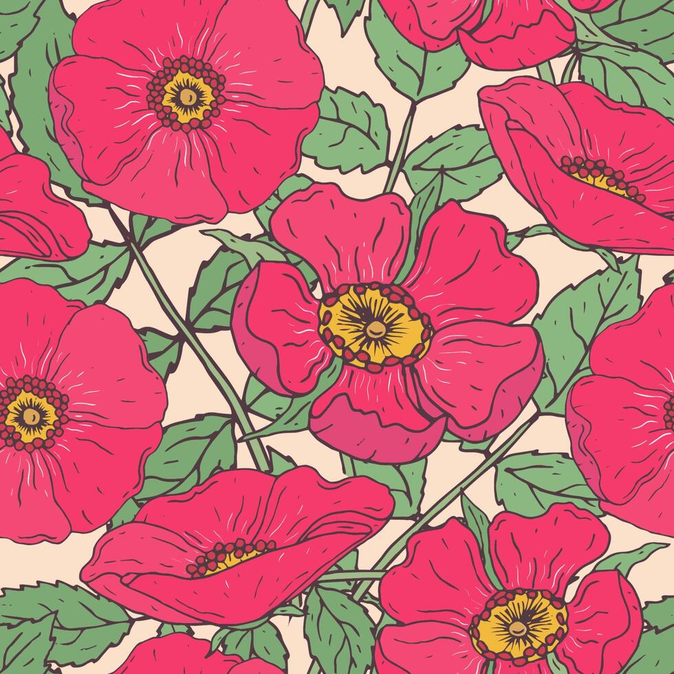 botánico sin costura modelo con rosado perro rosas, verde tallos y hojas. hermosa jardín flores mano dibujado en Clásico estilo. floral vector ilustración para envase papel, textil imprimir, fondo de pantalla.