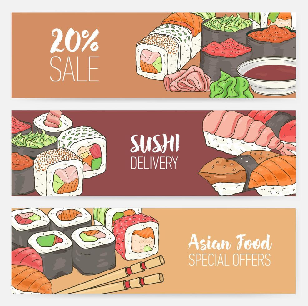 vistoso horizontal bandera plantillas con mano dibujado japonés Sushi, rollos, sashimi wasabi, palillos. comida especial ofertas y ofertas vector ilustración para asiático restaurante anuncio publicitario.