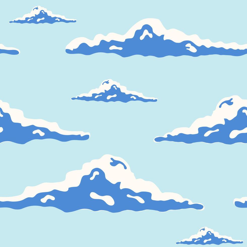 Beautiful seamless pattern with curly clouds of different size in blue sky drawn in pop art style. Backdrop with cloudscape. Modern vector illustration for wallpaper, fabric print, wrapping paper.