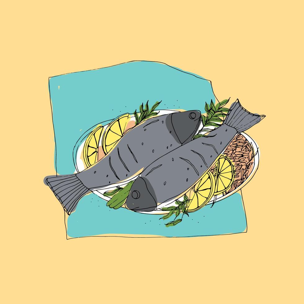 Freehand sketch of pair of grilled or roasted fish served with rice and lemon slices lying on plate. Colorful drawing of healthy, appetizing and delicious seafood restaurant dish. Vector illustration.