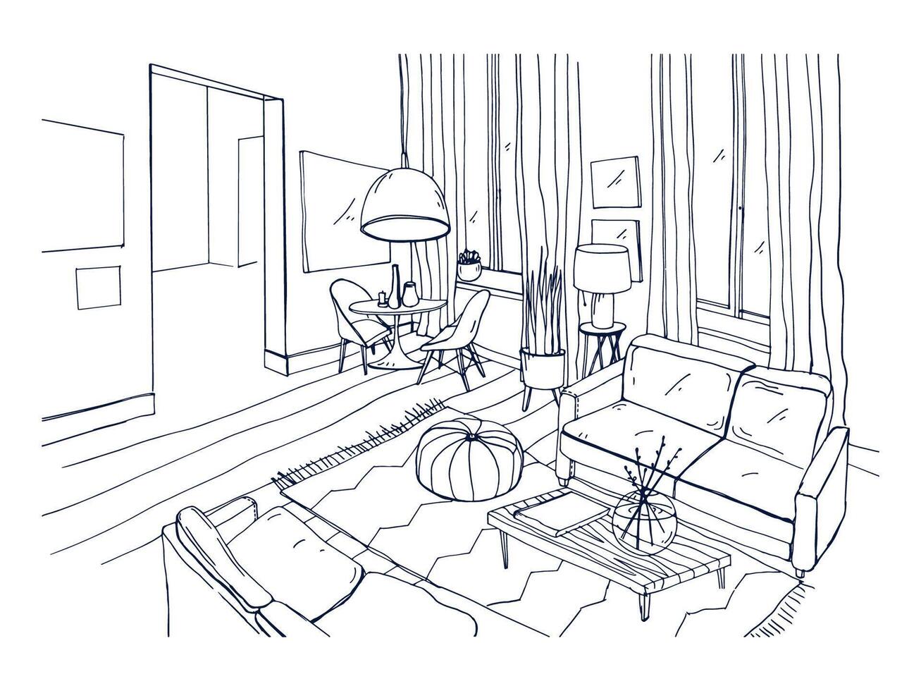 Freehand drawing of living room full of stylish comfortable furniture and home decorations. Sketch of interior of modern apartment hand drawn in black and white colors. Monochrome vector illustration.