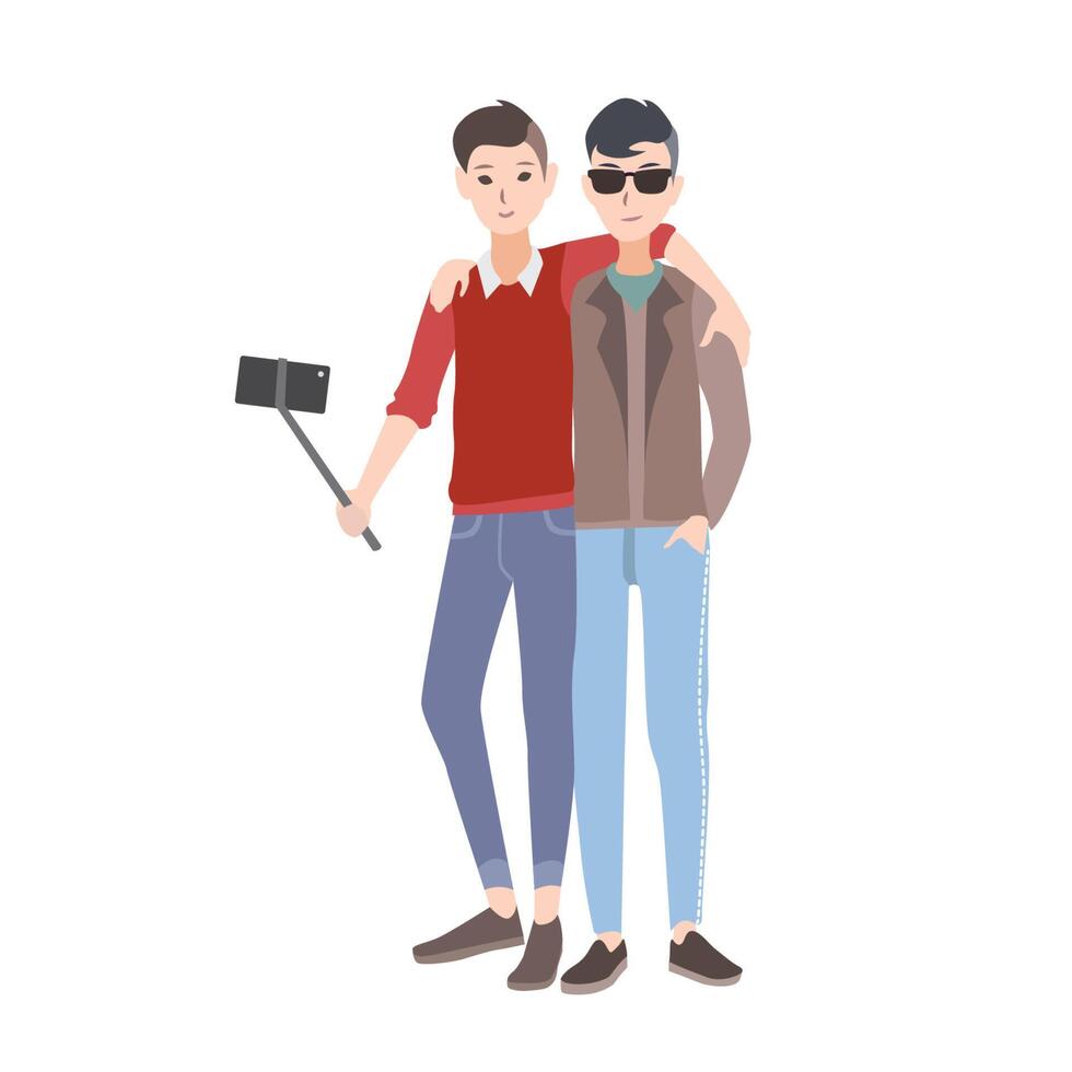 Two young men dressed in stylish clothing standing together, smiling and making selfie photo using monopod with smartphone. Flat cartoon characters isolated on white background. Vector illustration.