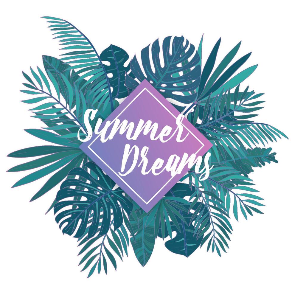Gorgeous hand lettering Summer Dreams against purple square and green tropical palm leaves on background. Elegant inscription and lush foliage of exotic jungle tree. Colorful vector illustration.