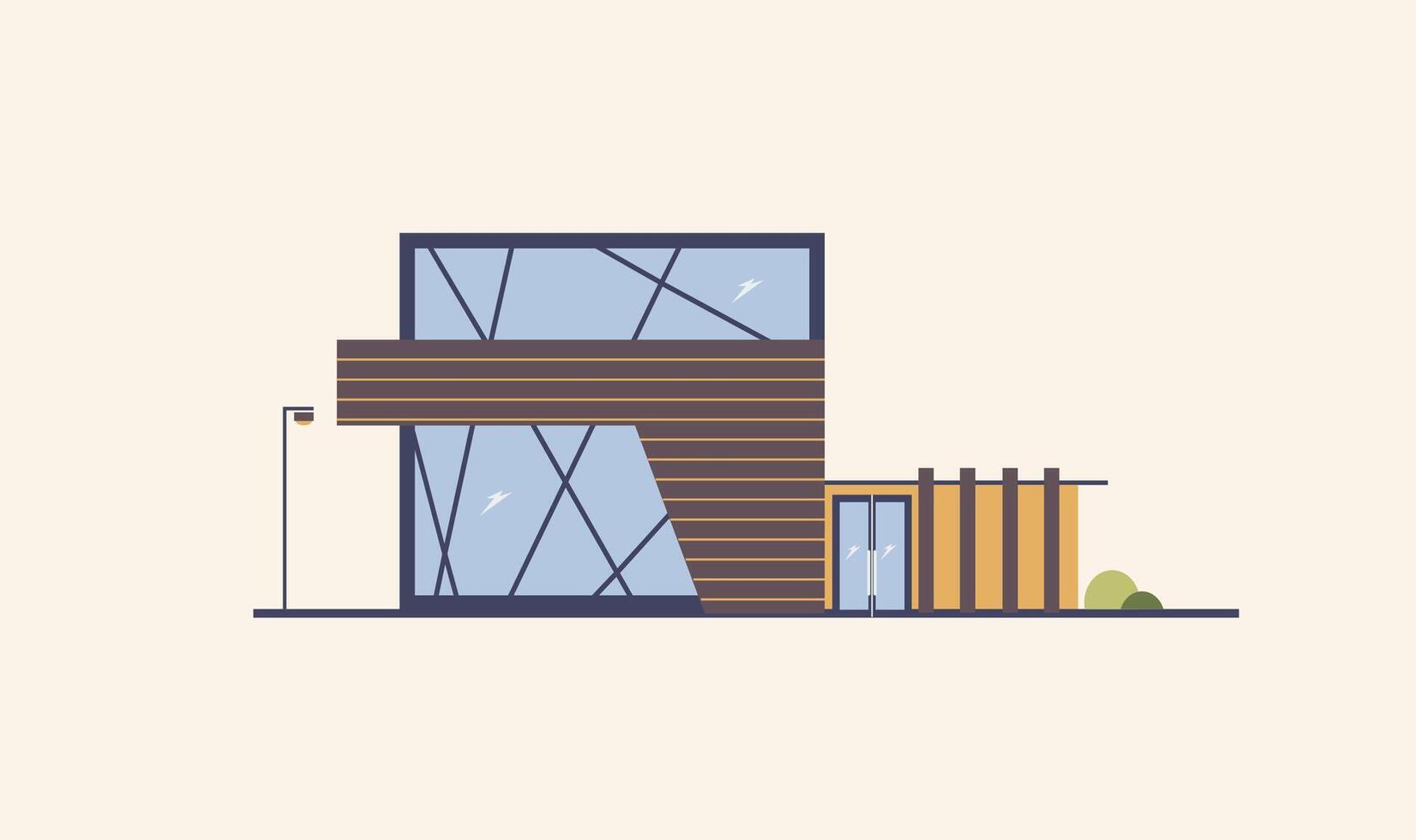 Modern building with large windows, glass door and wooden facade. House built using natural materials. Sustainable urbanism, architecture and ecological design. Vector illustration in flat style.