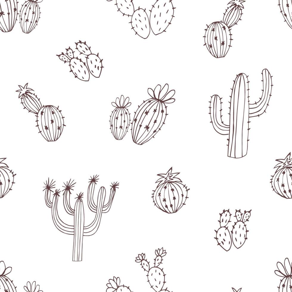 Natural seamless pattern with monochrome hand drawn green cactus on white background. Blooming Mexican desert plants. Botanical vector illustration for backdrop, wrapping, textile print, wallpaper.