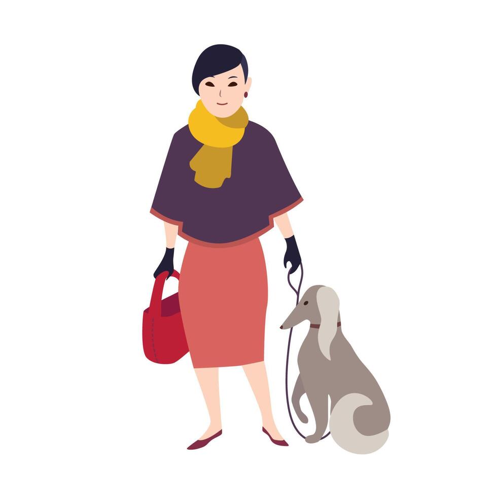 Elegant smiling woman dressed in stylish evening clothing standing and holding her dog in leash. Flat cartoon character with pet isolated on white background. Colored vector illustration.