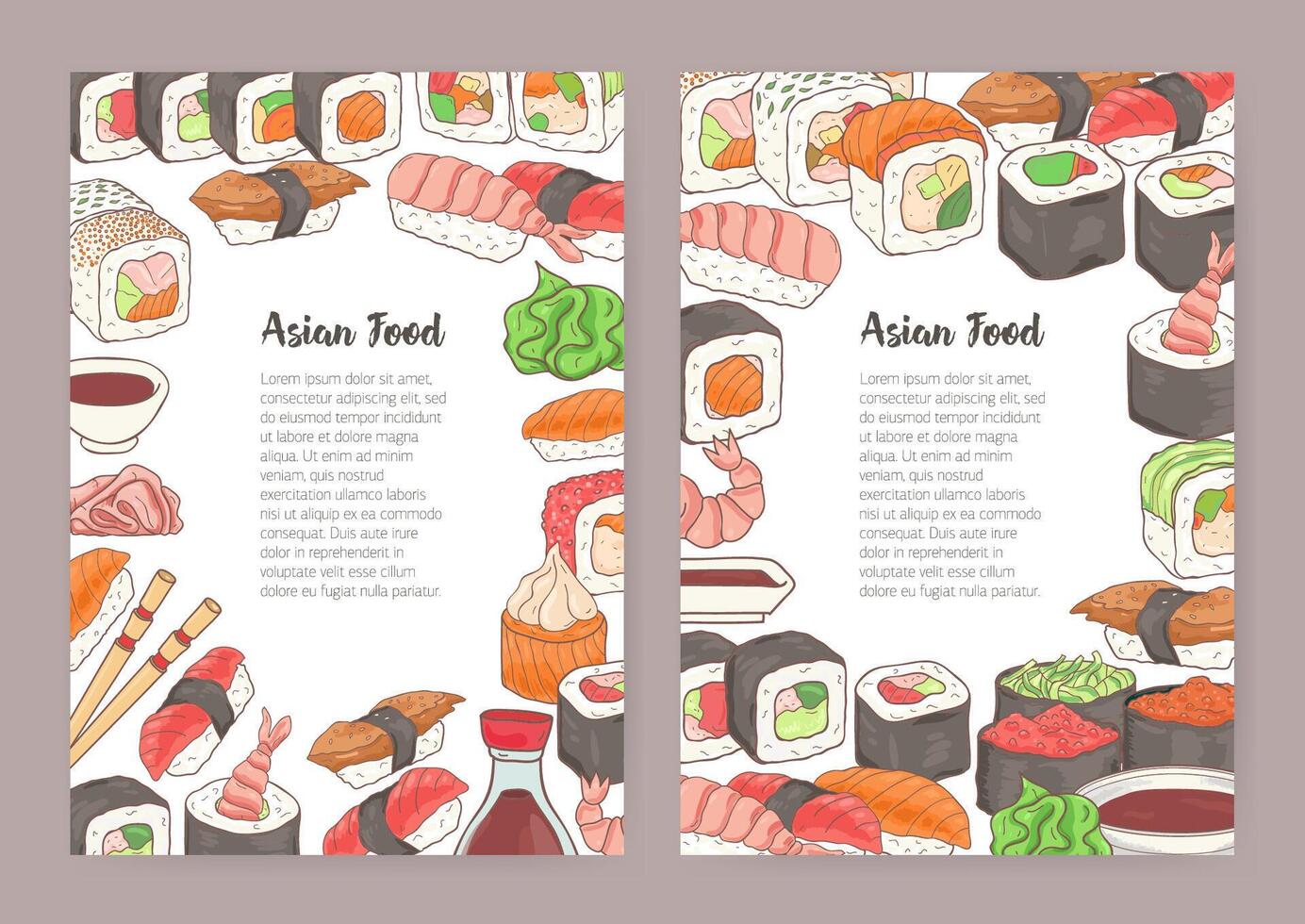 Set of templates with place for text in center and colorful frame consisted of different kinds of sushi, rolls, soy sauce. Vector illustration for menu, flyer, advertisement of Japanese restaurant.
