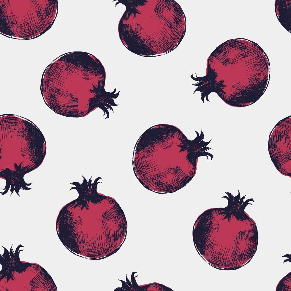 Beautiful seamless pattern with red pomegranates hand drawn in elegant antique style. Ripe fresh fruits on light background. Natural vector illustration for wrapping paper, fabric print, wallpaper.