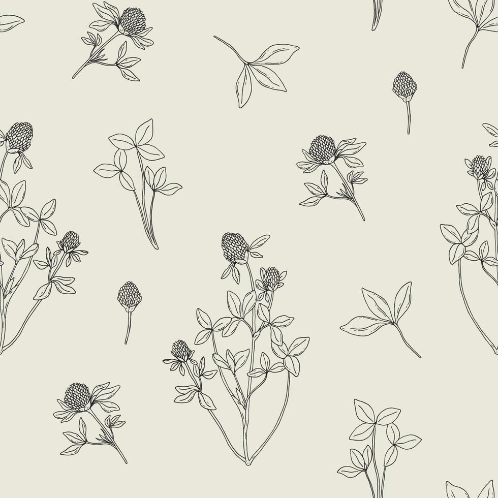 Beautiful floral seamless pattern with red clover on light background. Meadow flowers and leaves hand drawn in retro style. Vector black and white illustration.