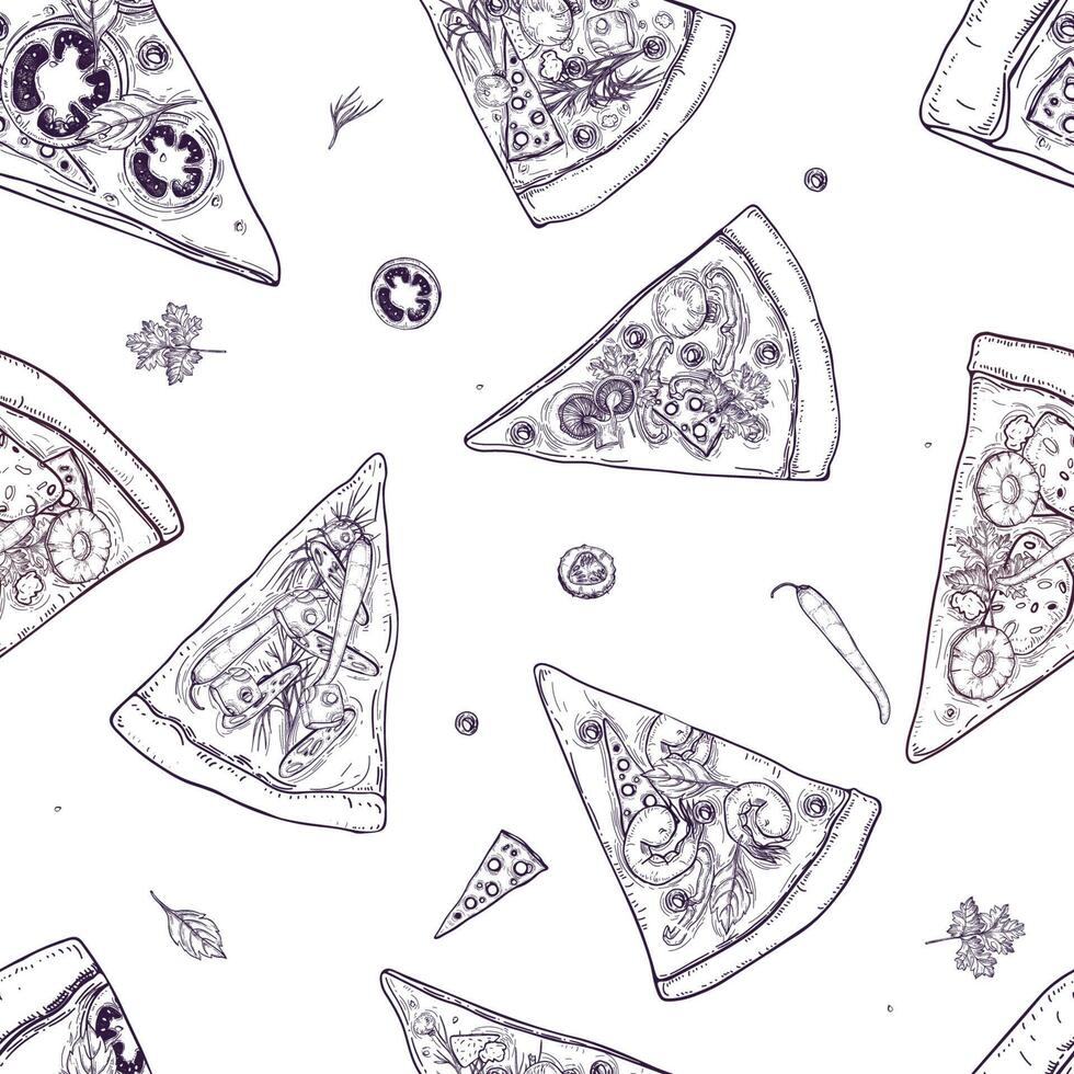 Monochrome seamless pattern with slices of different pizza types and ingredients scattered around on white background. Vector illustration for restaurant or pizzeria menu, delivery service.