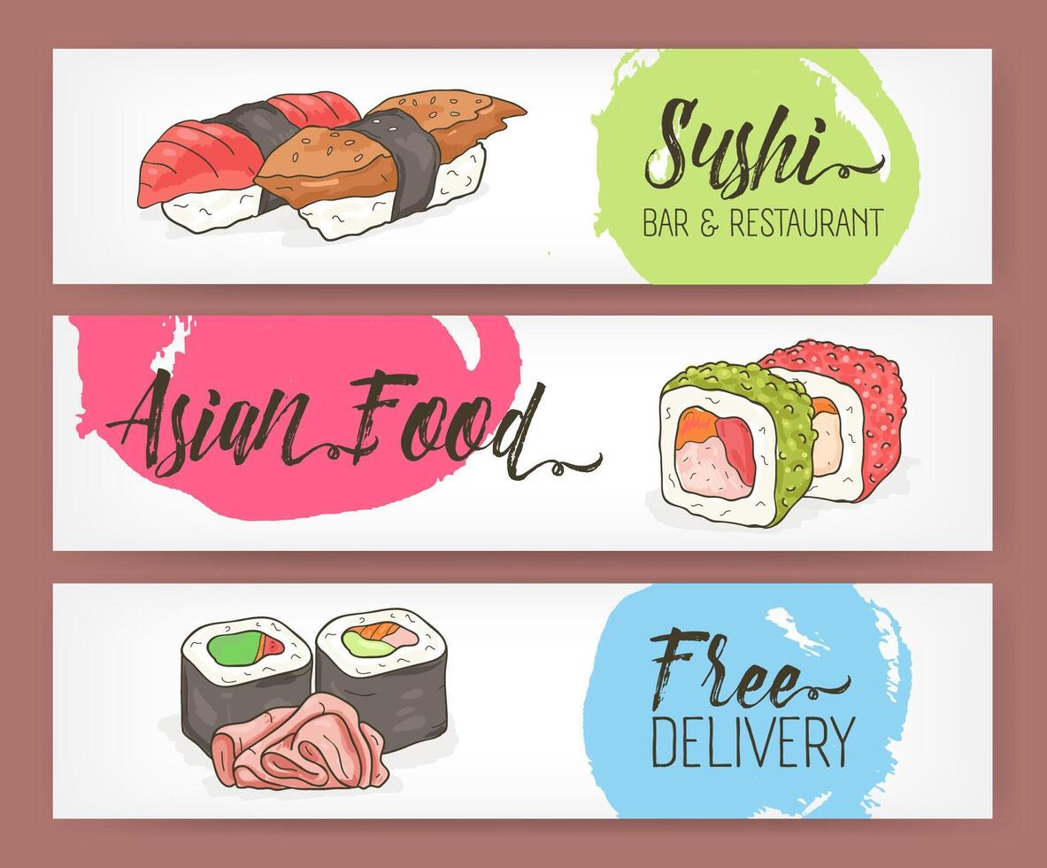 brillante de colores horizontal bandera plantillas con mano dibujado Sushi, rollos y jengibre en blanco antecedentes. vector ilustración para japonés restaurante anuncio publicitario, asiático comida entrega servicio.