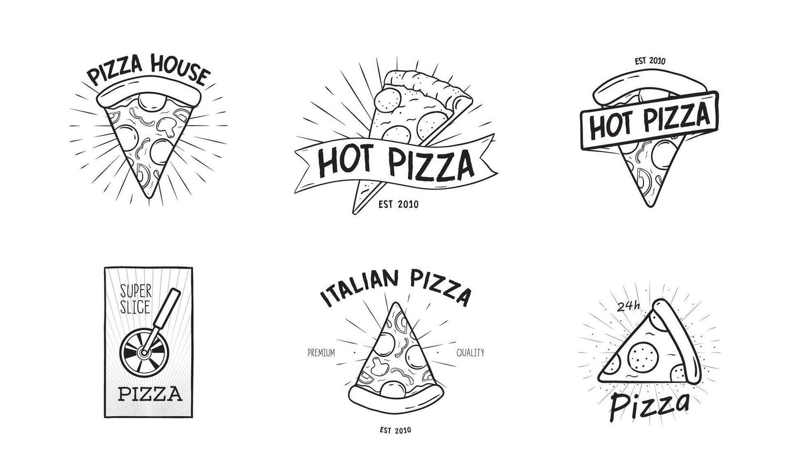 Collection of monochrome logotypes with pizza slices and wheel cutter hand drawn in retro style. Vector illustration in black and white colors for logo of Italian restaurant, food delivery service.